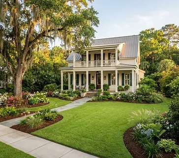 Beautifully landscaped Lowcountry front yard with lush green lawn and mulch beds