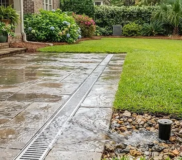 Residential backyard in the South Carolina Lowcountry showing standing water after heavy rain, illustrating a drainage problem