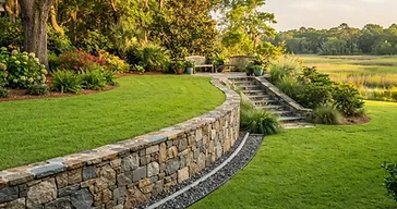 Newly installed stone retaining wall managing a slope in a southern Lowcountry backyard