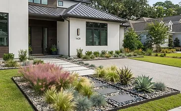 Custom landscape installation with native plants and fresh mulch at a Nexton home