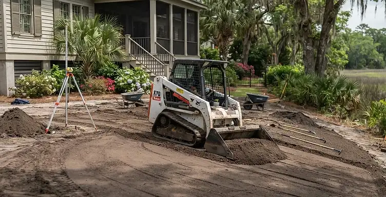 Professional yard grading with heavy equipment preparing a residential lawn for new sod in the South Carolina Lowcountry
