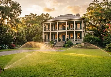 Lowcountry Charleston-style home with a healthy green lawn and active irrigation at golden hour