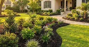 Southern Lowcountry landscape beds with fresh dark mulch, clean bed lines, and healthy soil supporting young shrubs and perennials