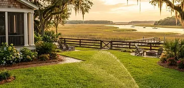 Daniel Island coastal backyard with thick green lawn, in-ground irrigation sprinkler watering grass, marsh grass and river view in the distance, live oaks