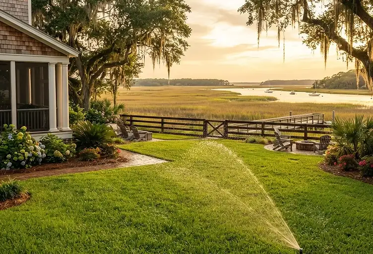 Daniel Island coastal backyard with thick green lawn, in-ground irrigation sprinkler watering grass, marsh grass and river view in the distance, live oaks