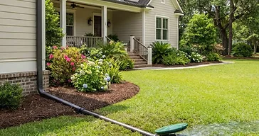 Finished downspout drainage installation with a buried extension and pop-up emitter directing roof water safely away from a home foundation into a green Lowcountry lawn