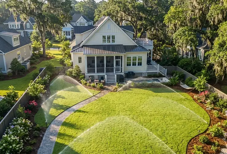 Mt. Pleasant backyard with a newly installed underground irrigation sprinkler system watering a fresh green lawn in South Carolina