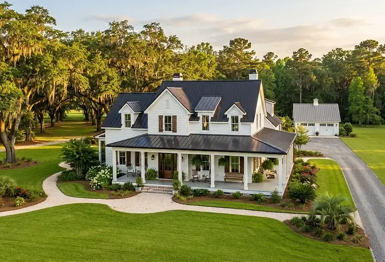Classic southern farmhouse on expansive green land in the Moncks Corner area of the South Carolina Lowcountry with mature oak trees and a large wraparound porch