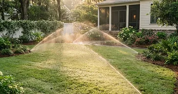 Southern Lowcountry backyard with an underground irrigation system actively spraying water across a lush green lawn
