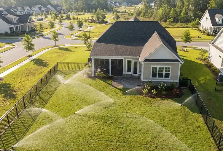 Nexton backyard with a newly installed underground irrigation sprinkler system watering a fresh green lawn in South Carolina