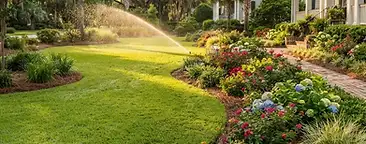 Lush green Lowcountry lawn with vibrant flower beds and irrigation in Summerville, SC