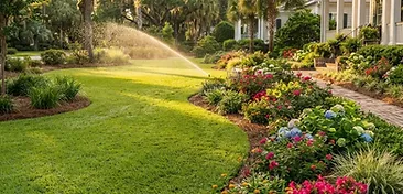 Lush green Lowcountry lawn with vibrant flower beds and irrigation in Summerville, SC