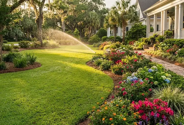 Lush green Lowcountry lawn with vibrant flower beds and irrigation in Summerville, SC