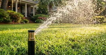 Pop-up inground sprinkler head spraying water across a lush green Lowcountry lawn