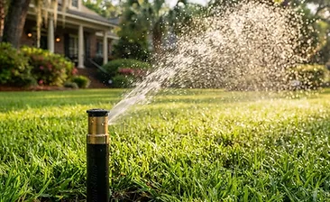 Pop-up inground sprinkler head spraying water across a lush green Lowcountry lawn