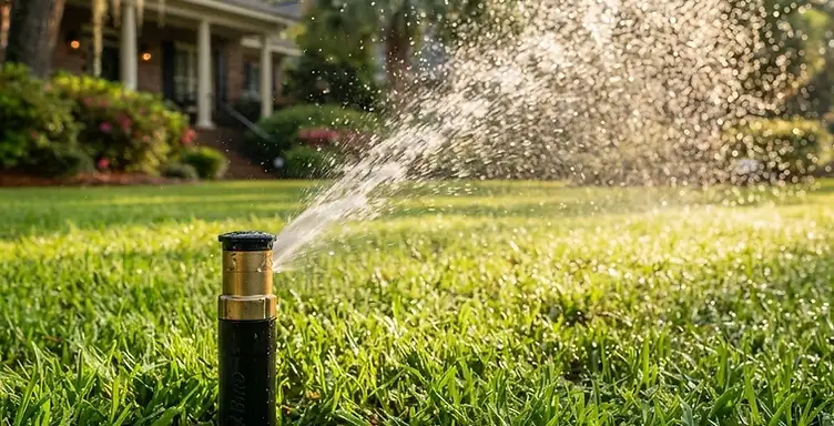 Pop-up inground sprinkler head watering a healthy Lowcountry lawn after a new irrigation installation in Summerville, SC