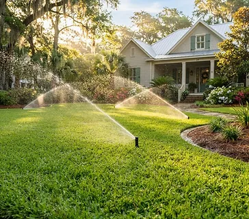 Professional pop-up irrigation sprinkler heads spraying water in graceful arcs across a lush green Lowcountry lawn at golden morning light