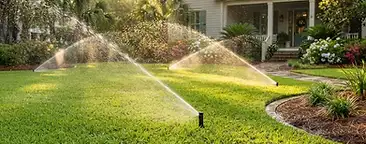 Professional pop-up irrigation sprinkler heads spraying water in graceful arcs across a lush green Lowcountry lawn at golden morning light