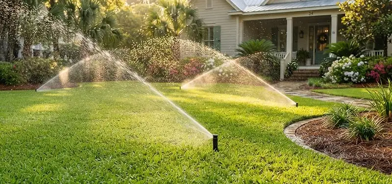 Pop-up irrigation sprinkler heads spraying water in graceful arcs across a lush green Lowcountry lawn at golden morning light