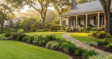 Southern Lowcountry residential yard with a gentle slope, lush green lawn, and manicured landscape beds