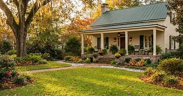 Beautiful Lowcountry residential yard in autumn with scattered golden fall leaves across a lush green lawn in warm afternoon light