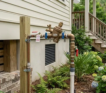 Irrigation backflow preventer device with brass plumbing connections on a residential water line in the Lowcountry