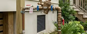 Irrigation backflow preventer device with brass plumbing connections on a residential water line in the Lowcountry