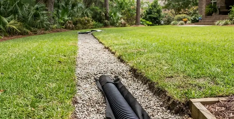 Newly installed French drain trench with gravel and perforated pipe in a residential backyard in the South Carolina Lowcountry