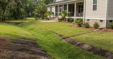 Residential Lowcountry yard with a shallow grassy swale and freshly graded slope directing water away from the home