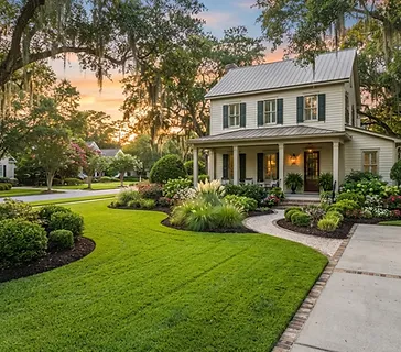 Newly landscaped front yard in a South Carolina Lowcountry neighborhood with fresh mulch beds, shrubs, and healthy lawn