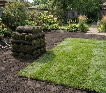 Fresh sod being unrolled and installed on a prepared residential lawn in a South Carolina Lowcountry neighborhood