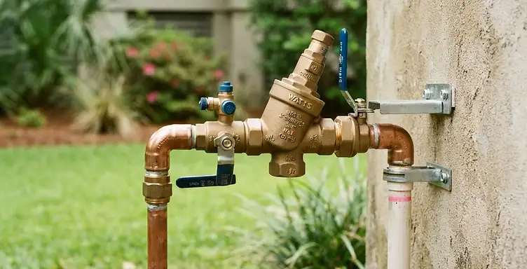 Irrigation backflow preventer device with brass plumbing connections on a residential water line in the Lowcountry