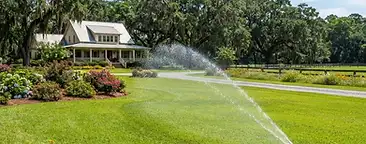Rural Ravenel property with large green lawn, in-ground irrigation sprinkler spraying water, lantana and knock-out rose flower beds, and mature live oak trees