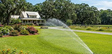 Rural Ravenel property with large green lawn, in-ground irrigation sprinkler spraying water, lantana and knock-out rose flower beds, and mature live oak trees