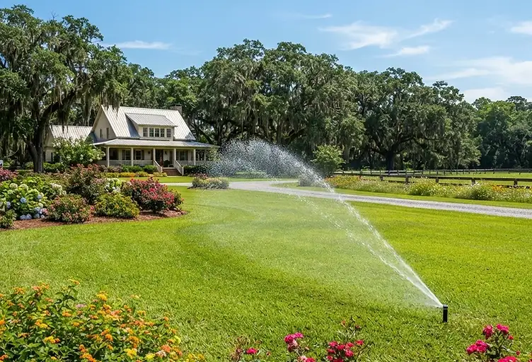 Rural Ravenel property with large green lawn, in-ground irrigation sprinkler spraying water, lantana and knock-out rose flower beds, and mature live oak trees