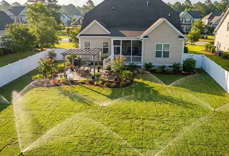 Cane Bay backyard with a newly installed underground irrigation sprinkler system watering a fresh green lawn in South Carolina