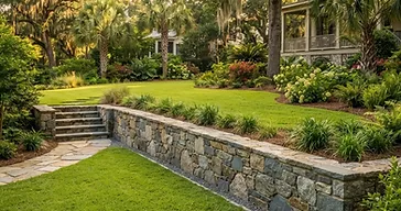 Newly installed stone retaining wall managing a gentle slope in a southern Lowcountry residential yard with lush green lawn
