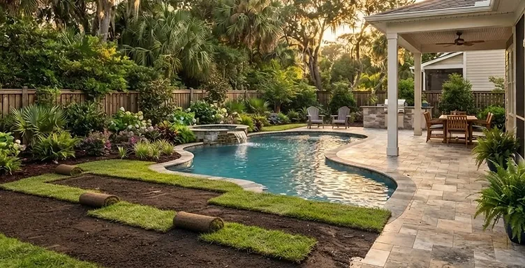 Fresh sod being installed on prepared soil beside a completed residential swimming pool in the South Carolina Lowcountry