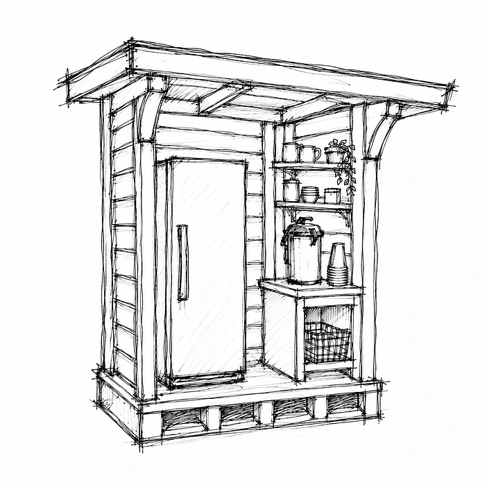 Hand-drawn concept sketch of the community fridge enclosure: a plank-sided kiosk with a fridge bay on the left and shelving, a coffee counter, and a beverage dispenser on the right.