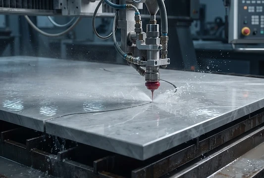 Serra CNC cortando mármore na fábrica Tessela