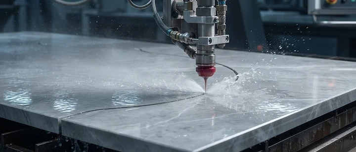 Serra CNC 5 eixos cortando mármore na fábrica Tessela