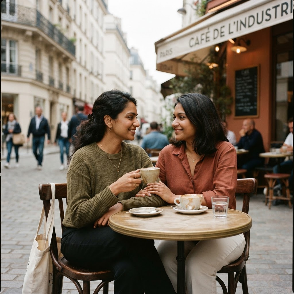 Two Indian women sharing a moment together at a European café