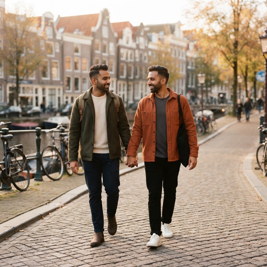 Two Indian men walking together as a couple in a European city