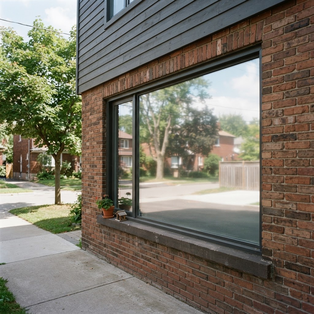 Street-facing house window reflecting trees and brick homes in bright daylight