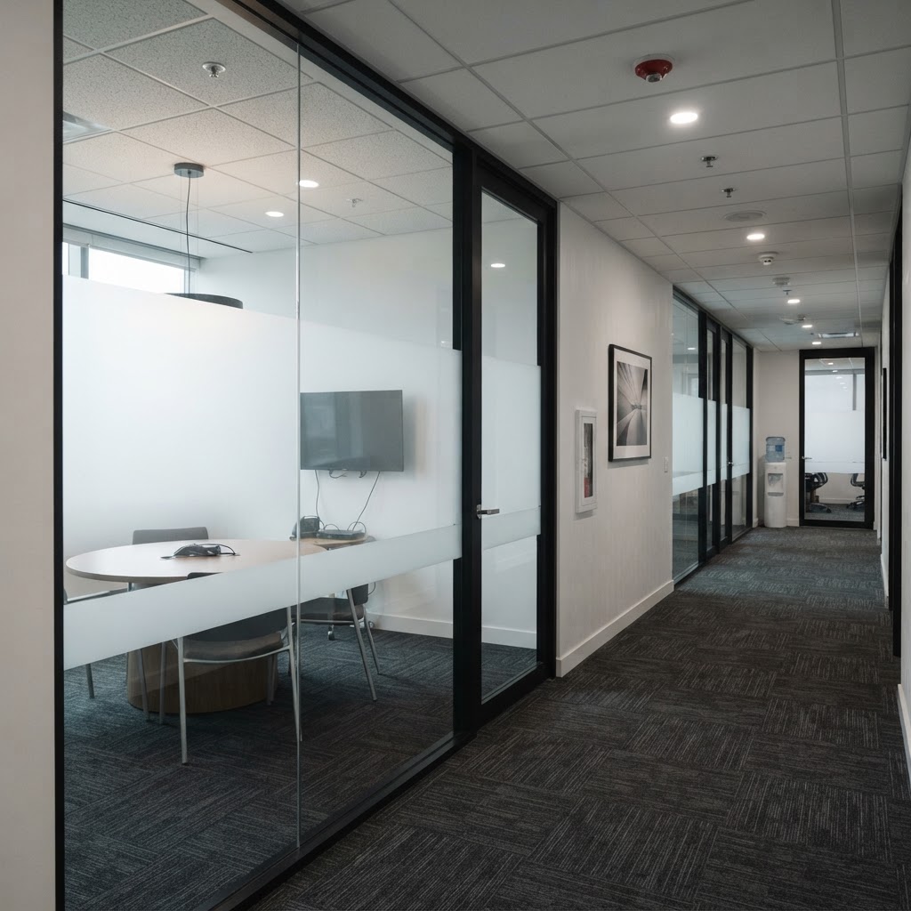 Office meeting-room glass with a continuous frosted band aligned across partition panes and door