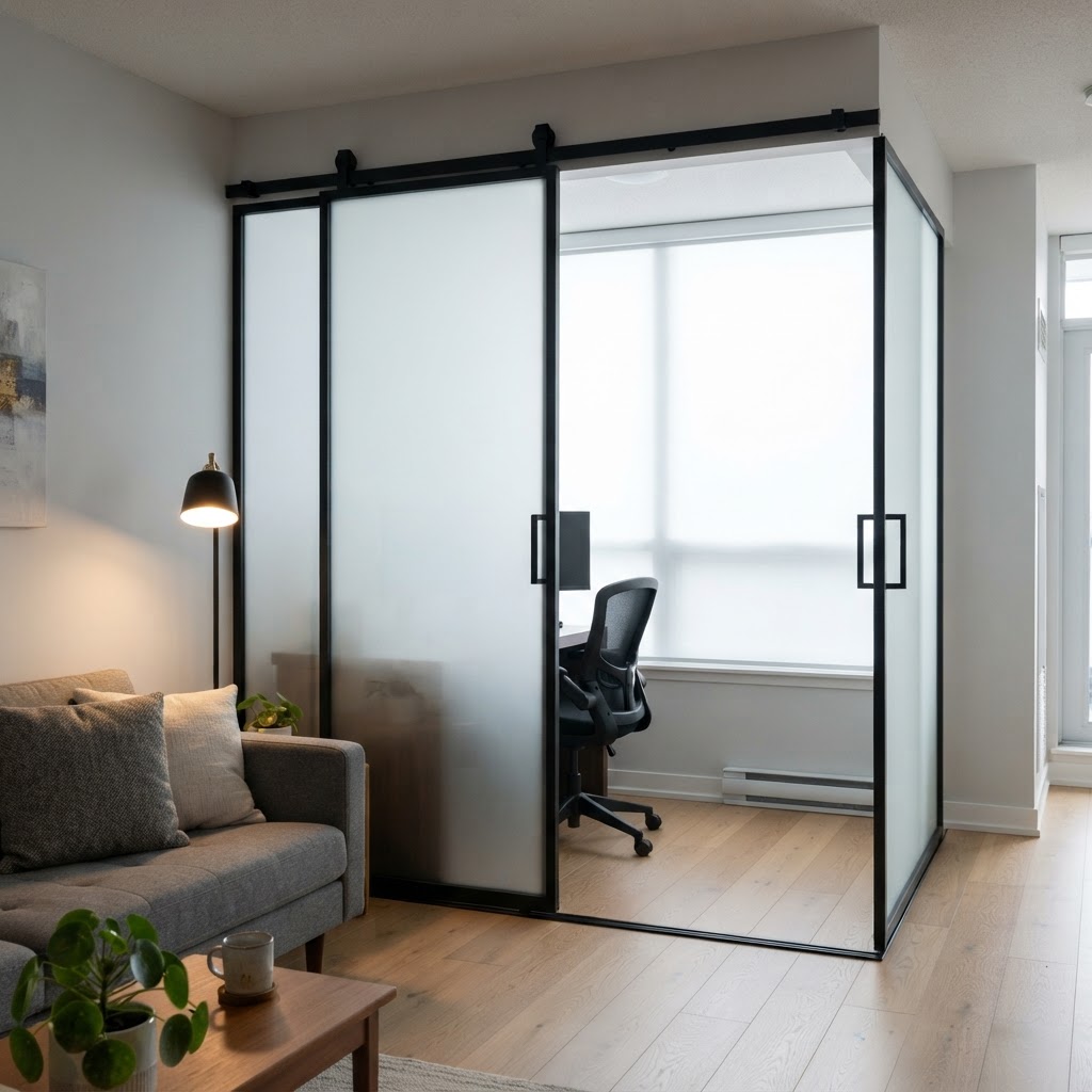 Compact condo den with a black-framed sliding glass door covered in uniform white frosted film