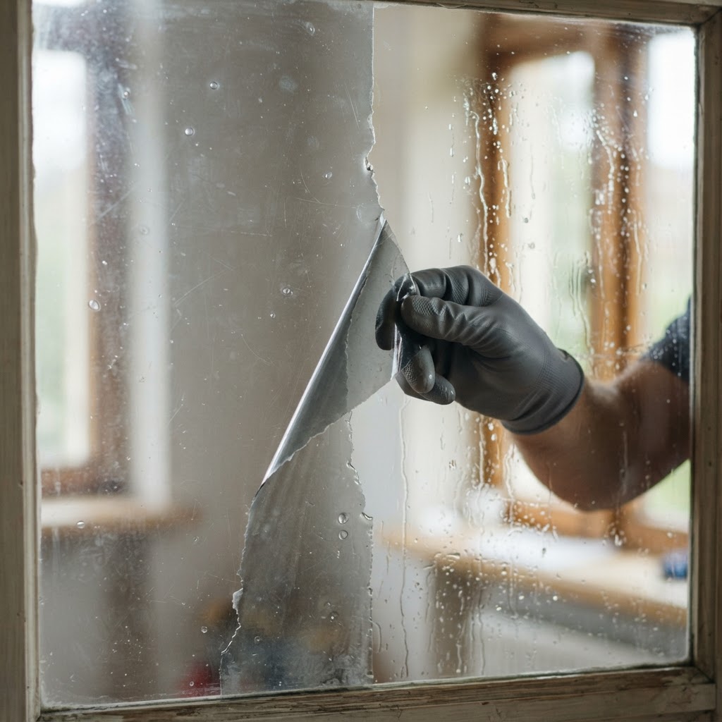 Gloved hand lifting a curled edge of aged grey window film from a flat glass pane