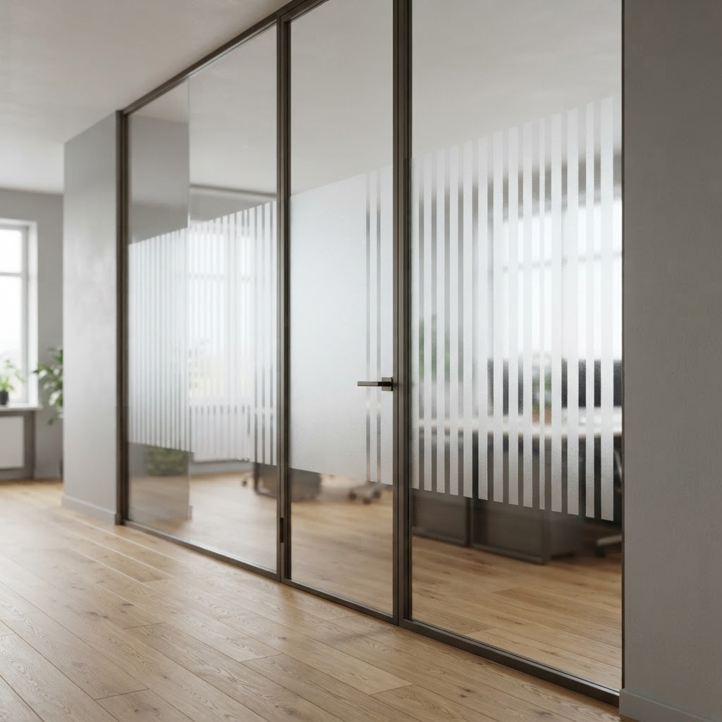 Glass room divider with an even etched-effect frosted film finish and a simple clear vertical detail