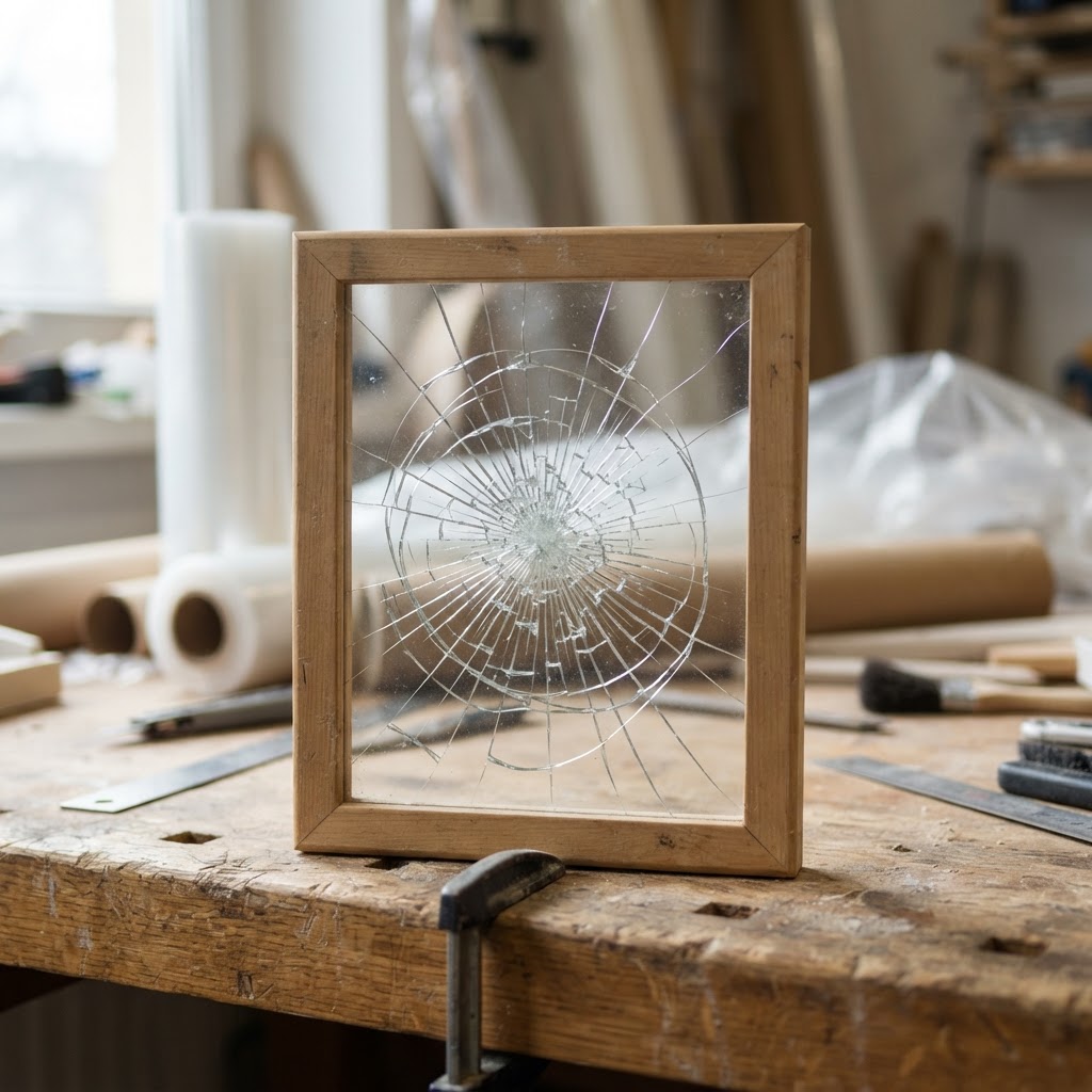 Framed demonstration pane with cracked glass held in a sheet by clear film on a workshop bench