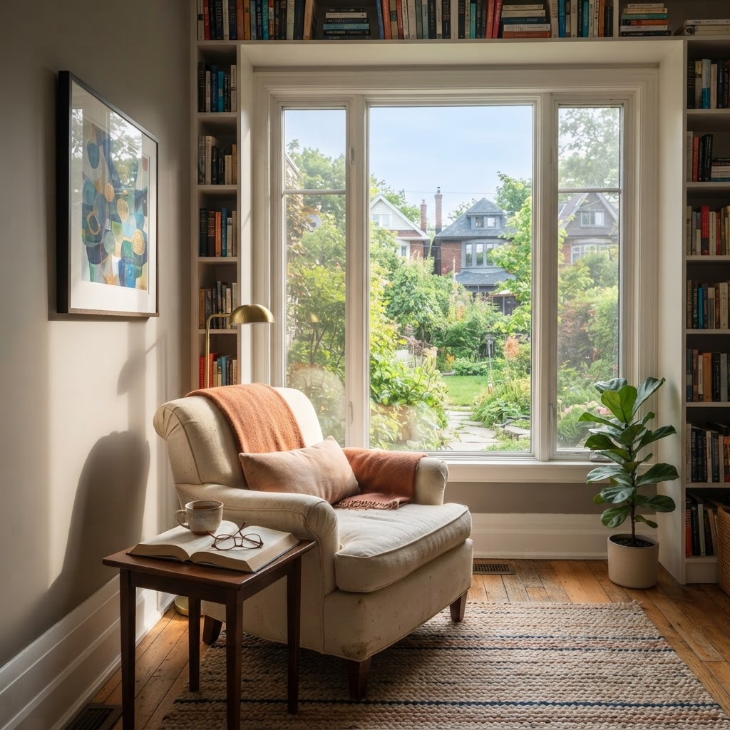 Bright reading room with clear-looking window glazing, wood flooring, a rug and framed artwork